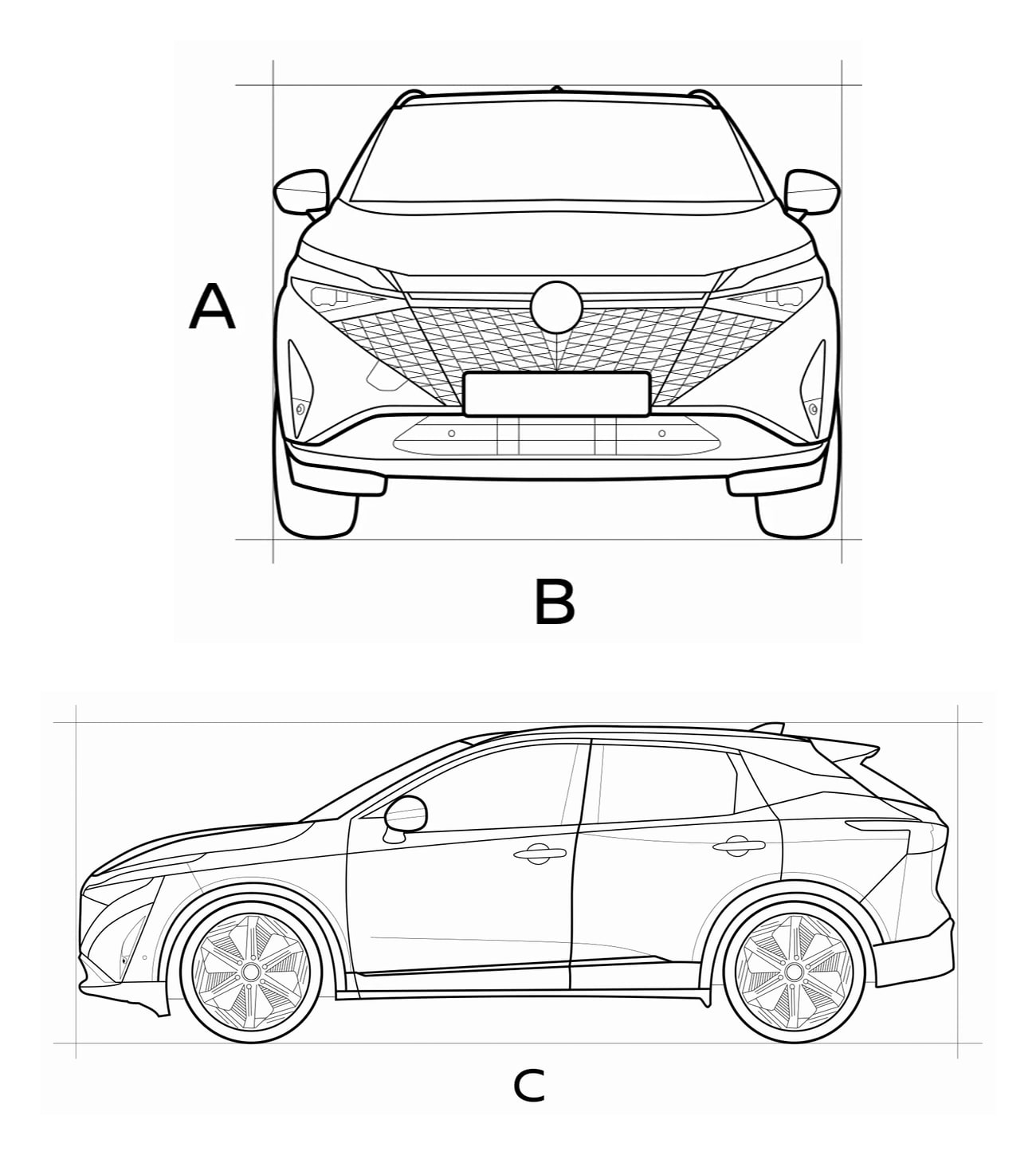 Nissan Qashqai, dimenzije: A visina, B širina, C dužina