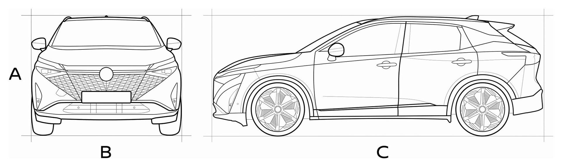Nissan Qashqai, dimenzije: A visina, B širina, C dužina